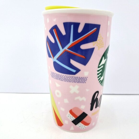 Starbucks Travel Mug Hawaii Pineapples Tree Leaves Ceramic Tumbler 12oz With Lid - Picture 4 of 7